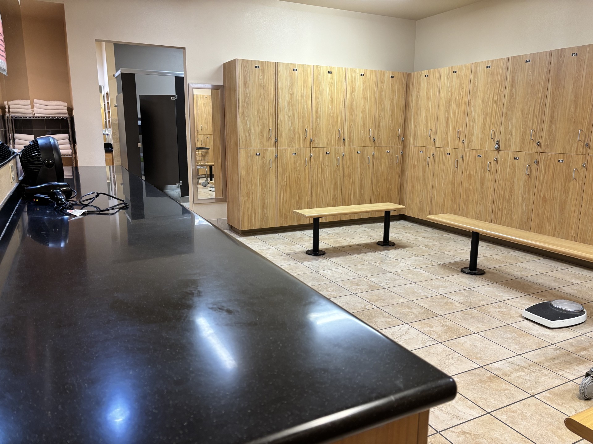 Clean sinks and changing area in the women’s locker room